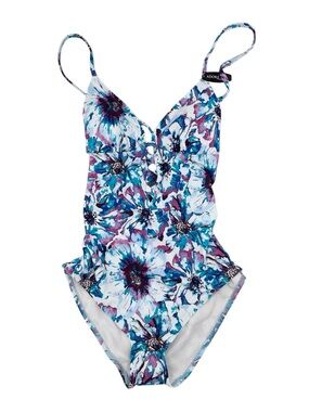 NEW Adore Me Kally Contour One Piece Swimsuit Size Small White Blue Floral Print